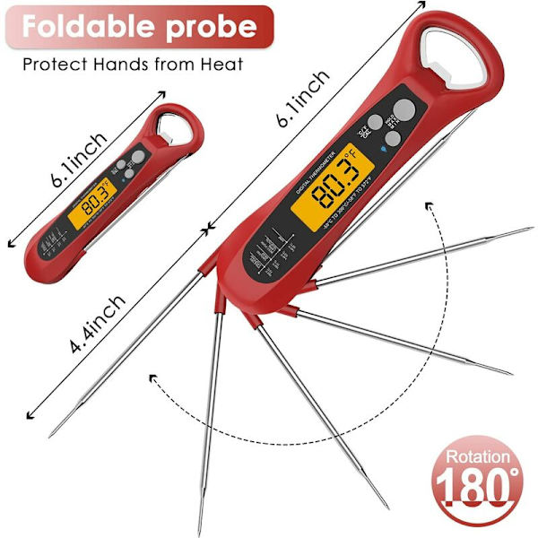 Direkt avläsbar kötttermometer för matlagning, snabb och exakt digital termometer med bakgrundsbelysning, kalibrerad, hopfällbar sond