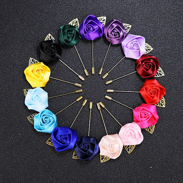 8-delad herr lapel pins, handgjorda satin blommiga lapel pin badges