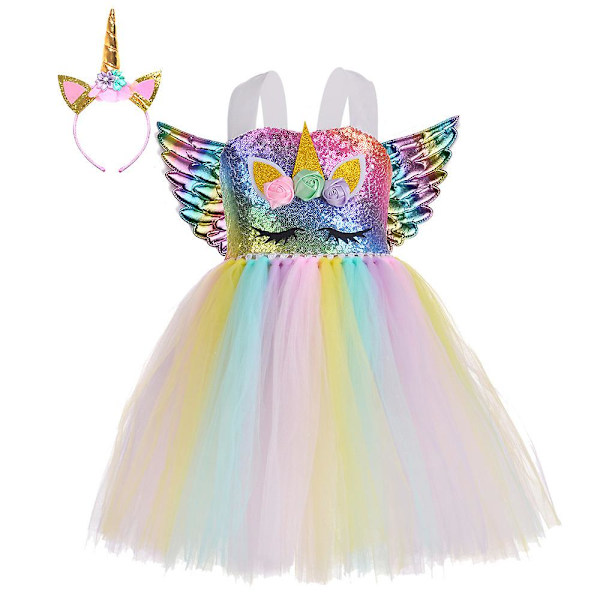 3 stk Sequin Little Child Pony Kjole Unicorn Kjole Med Vinger Hodebånd（L(5-6Y)）