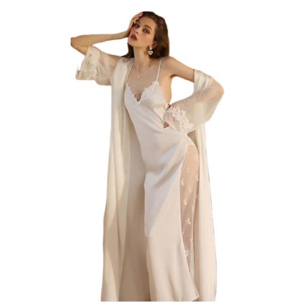 Soft Silk Kimono Robe Dressing Gown Sexy Lace Nightgown Sleepwear（S Robe and Dress）