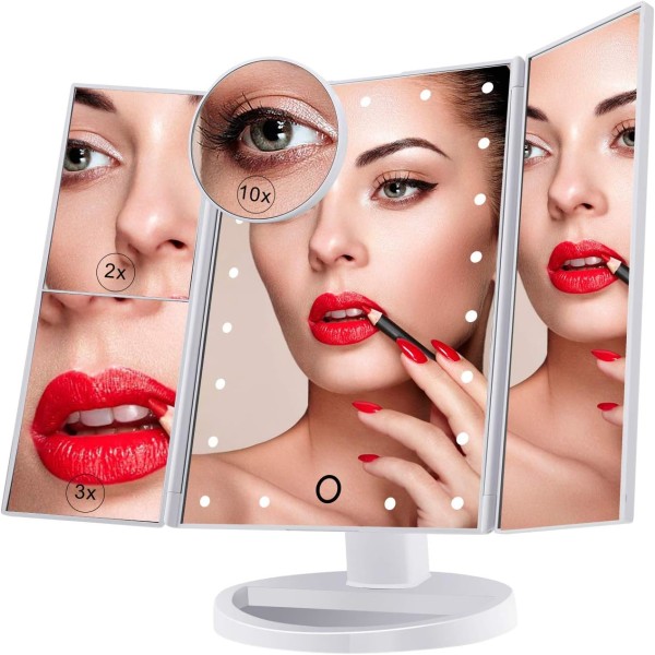 Makeup-spejl, tredobbelt forstørrelsesglas med 21 LED-lys, 10X/3X/2X Lig