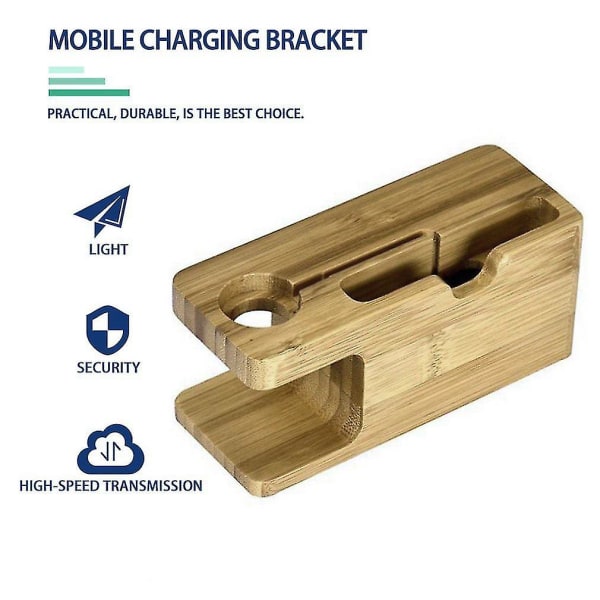 2-i-1 ekte bambus tre skrivebordsstativ for nettbrett brakett dokkingholder lader for telefon ladestasjon for klokke