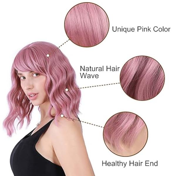 Pink Wave Naisten Lyhyt Bob Violetti Vaaleanpunainen Peruukki Kiharat Olkapään Pituus