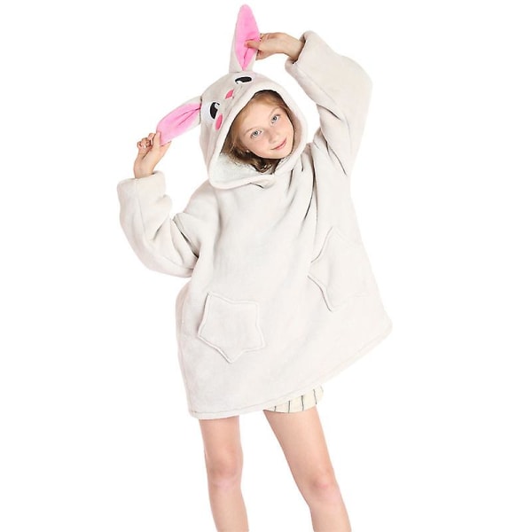 Bærbar hættetrøje til piger, oversized hættetrøje tæppe, vintervarm &amp; Hyggelig fleece sweatshirt til børn, grå kanin