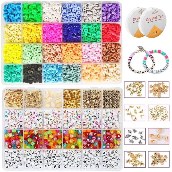 24 färger Polymer lerpärla 7000 st set - 800+ bokstäver - Armband, halsband, örhängesats - 6 mm platt rund