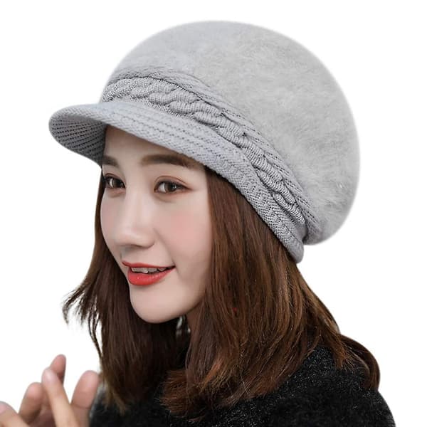 Kvinde Piger Peaked Beanie Hat Visor Beret Hat Vinter Termisk Bager Grå