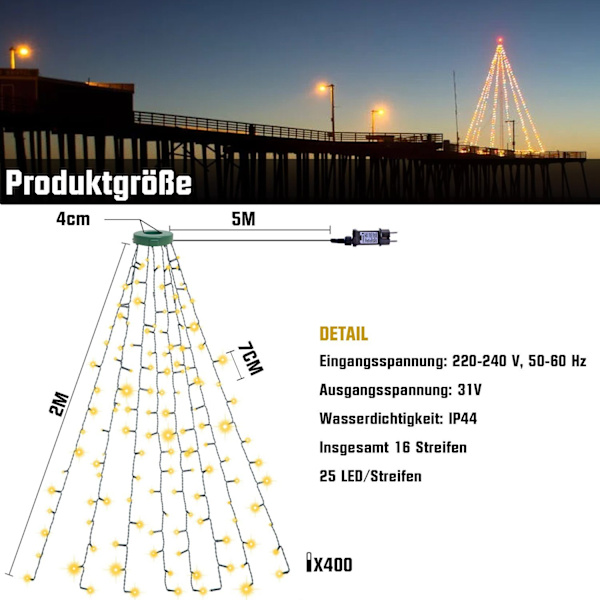 Julepynt 400 LED juletrær lysnett lysgardin fe lys belysning, 25 LED * 16 strimler, 8 moduser, 31 V sikker spenning, timer