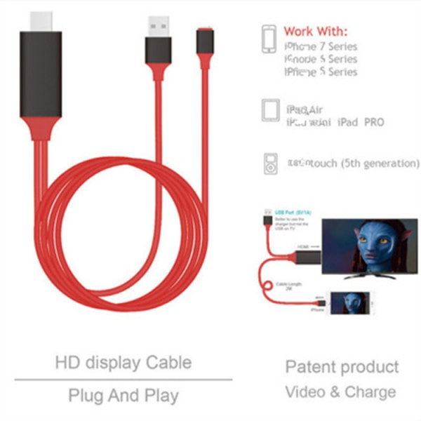 Lightning til HDMI HD-kabel for Apple, speiler mobilskjerm til TV, projeksjonskabel 1080P