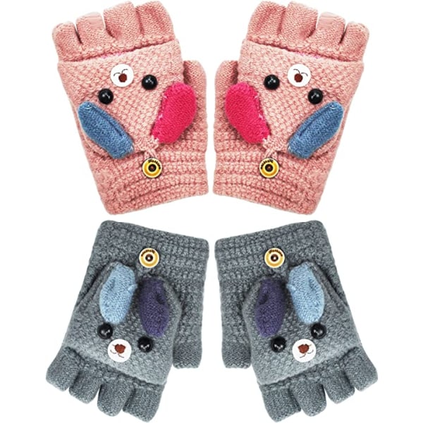 2 Par Gånger Vinterhandskar Barnhandskar Stickade Vantar 5 Fingrar Babyhandskar Varma i Kashmir Unisex för Flicka Pojke 6-13 År 14*8cm (Grå+rosa)