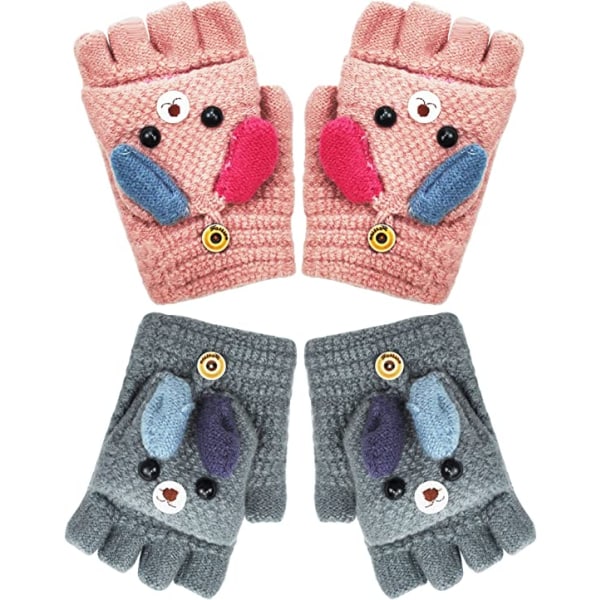 2 par Gants d'Hiver Gants Enfant Mitaines Tricotées 5 Doigts Gants Bébé Chauds en Cachemire Unisexe pour Fille Garçon 6-13Ans 14*8cm(Gris+rose)