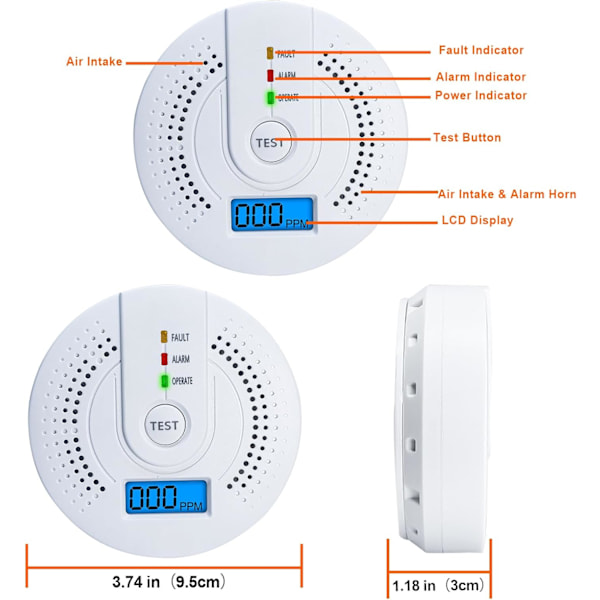 Koldioxiddetektor, koldioxidlarm med LED-display, uppfyller EN50291-standarden (exklusive AA-batteri)