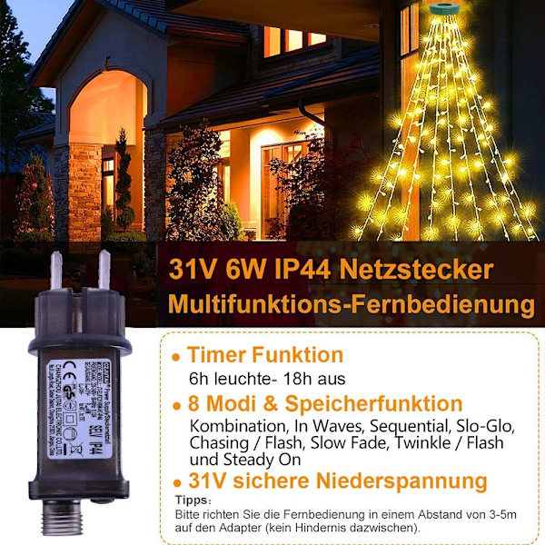 Julepynt 400 LED juletrær lysnett lysgardin fe lys belysning, 25 LED * 16 strimler, 8 moduser, 31 V sikker spenning, timer