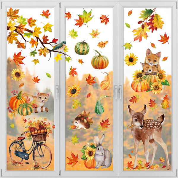 Höstens fönsterdekor klistermärken - tecknade djur, Thanksgiving Hallow