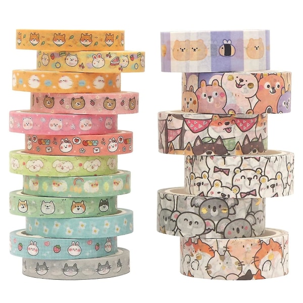 Kawaii søde tegneserie Washi Tape Sæt - 18 ruller tynde dyreguld udsmykning dekorative maskeringstape