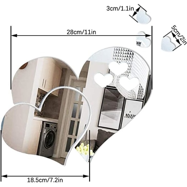 Speil vegg klistremerker, 3D krystall dobbelt hjerte akryl DIY kunst vegg klistremerker hjem stue bad TV bakgrunn dekor, 10 stk/2 sett (sølv)