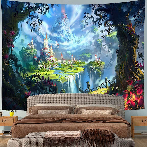Metsälinna-gobelíini, 180X230CM fantasia psykedeelinen gobelíini, f