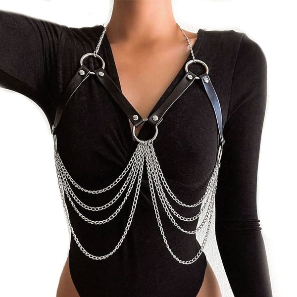 Gothic Leather Bra Chain Black Layered Harness Chest Chains Multilayered Strappy Bust Clubwear Body Accessories