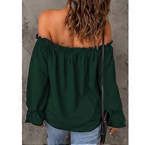 Off Shoulder Chiffong Blus Enfärgad Volangdetalj Långärmad Off Shoulder T-shirt för Dam Tjej Kvinna Dejt (S) S