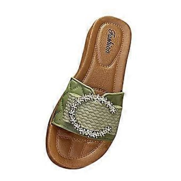 Damtofflor Slip-on Sandaler Mjuka Strand Bekväma Öppen Tå Fest Fina Halkfria Sulor Mode Slides Dam Platt Sandaler (Grön Längd 25cm) Green Length 25cm