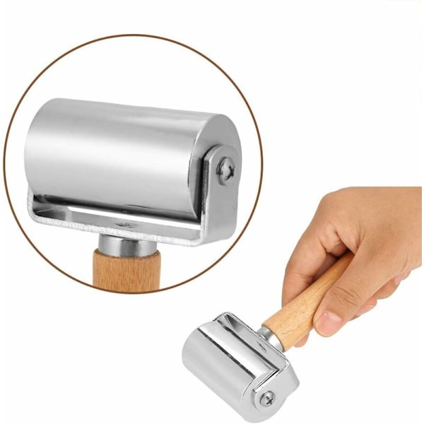 Trelverk i tre med skinntøy, kantpresse, metallvalse for limvalse i skinn, 100 mm, 60 mm, 26 mm, sølvfarget (60 mm)