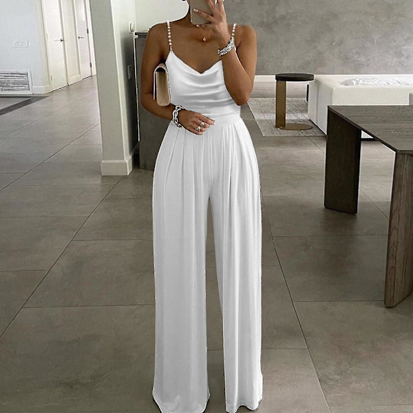 Kvindes Casual Solid Farve Lang Playsuit Løstsiddende Dame Perle Selvhængende Jumpsuit (S Hvid)