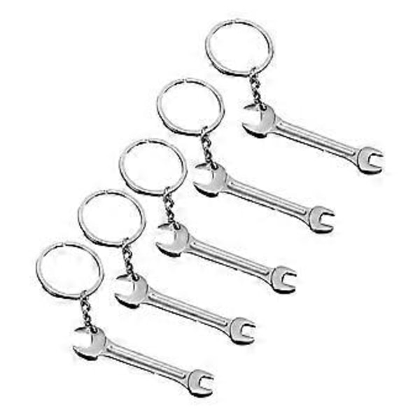 Pakke med 5 kreative nøgleringe med hammerform, metalnøgleringe, værktøjstema, moderigtig metalnøgleholder, sølv Wrench 05