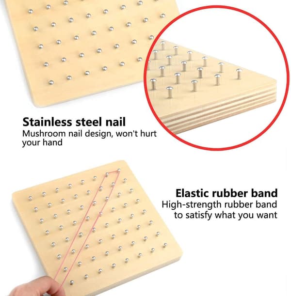 Træ Geoboard med Aktivitetsmønsterkort og Elastik - 8x8