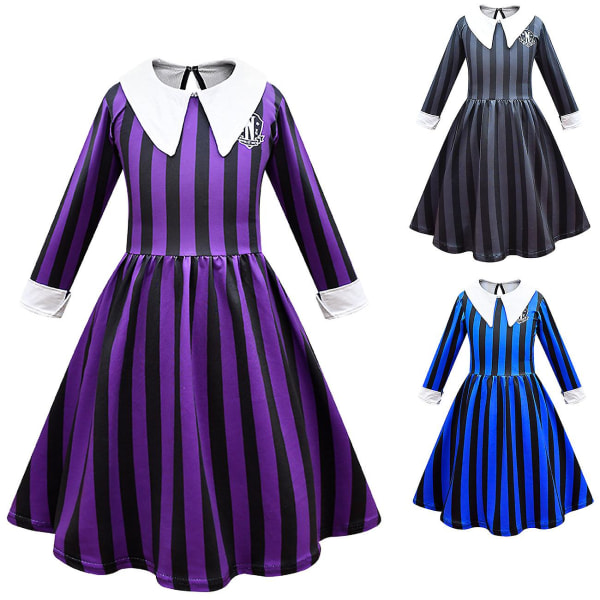 Wednesday Addams skoleuniform Cosplay-kjole sett Halloween-kostyme for jenter (130 cm med veske)