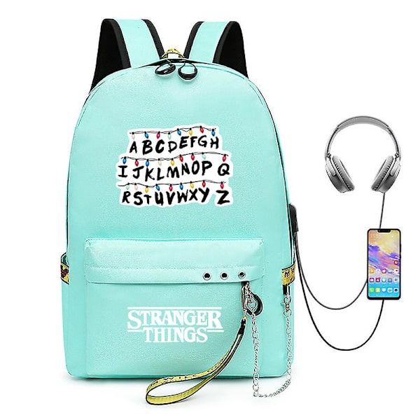 Stranger Things Ryggsäck Usb Laddning Ryggsäck Unisex Studenter Skolväska（Grön3）