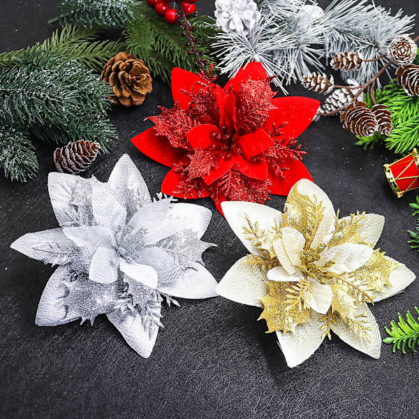 13 st konstgjorda julgransblommor med paljetter