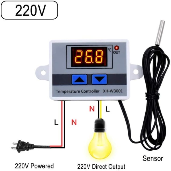 220V Digital LED-temperaturregulatormodul, XH-W3001 termostatbrytare med vattentät sond, programmerbar värmetermostat