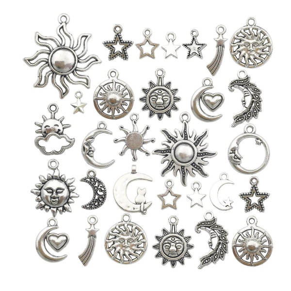 70 Pcs Craft Supplies Mixed Antique Silver Sun Moon Stars Charms Pendants For Crafting, Jewelry Findings Making Accessory