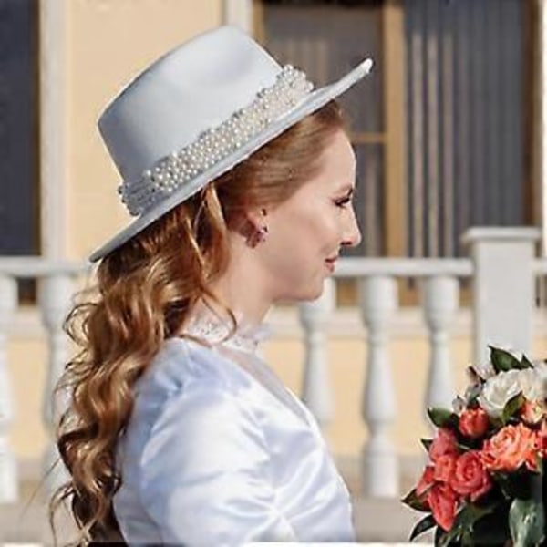 Cashmere Fedora-hatte med bred skygge til kvinder og mænd, elegante hatte ensfarvet Panama-hat med perlebesat dekorativ skygge (Hvid)