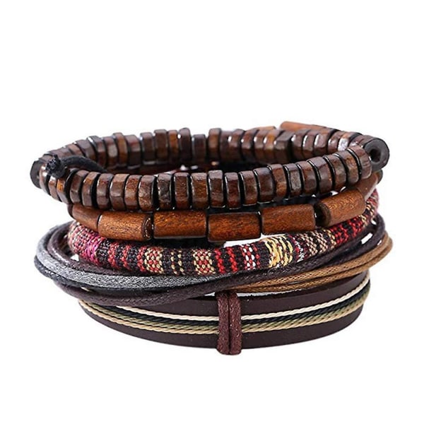 Mixed Mens Bracelets Adjustable Handmade Multi Strand Braided Cowhide Bracelets Woven Leather Wristbands Wooden