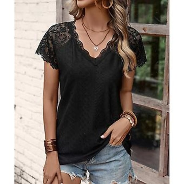 Kortärmad blus för damer, V-ringning, spetskant, enfärgad, moderiktig, andningsbar för sommaren (XL svart) black XL