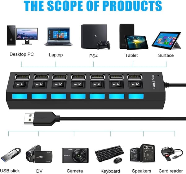 Multi-Port USB-splitter, 7-Port USB 2.0-hub, USB A-datahub med