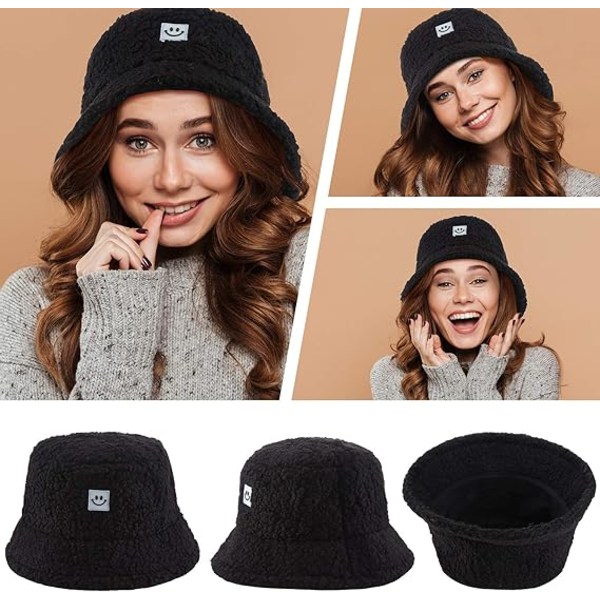2 stk. kvinners vinter plysj bøttehatter vintage smil cloche hatter