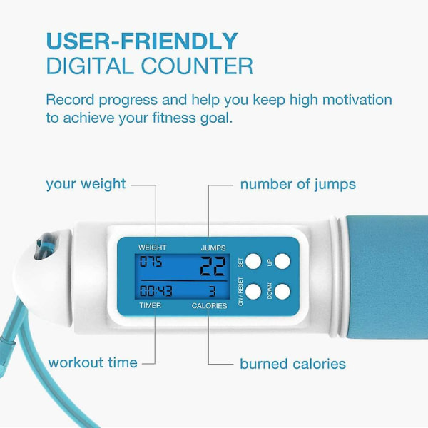 Hopprep med hastighetsräknare Kaloriräknare Justerbar Digital Hopprep Med Påminnelsealarm（Blå）