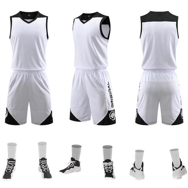 Basketball Jersey Suit Unisex Hurtigtørkende Ball Trening Sport Jersey Suit Hvit（2XL）