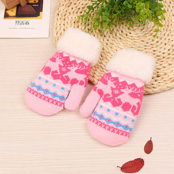 Toddler Kids Vantar med Snöre Vinter Varma Stretch Stickade Hela Fingrar Snöhandskar Barn Magiska Skidhandskar Fleecefodrade Rosa