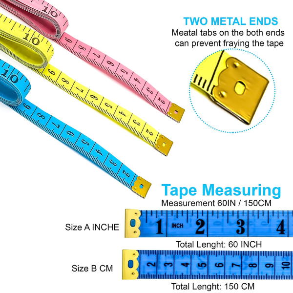 Dobbeltsidet kropsmålebånd til krop 3-pak dobbeltskalamålebånd til syning af stofskrædder 60 tommer/ 150 cm