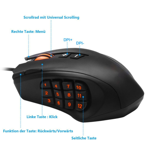Gamingmus, 12 programmerbare spillknapper, 16400 DPI spillmus