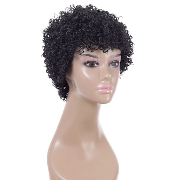 Kort lockigt hår mode peruk svart liten volym stretch mesh headset kvinna