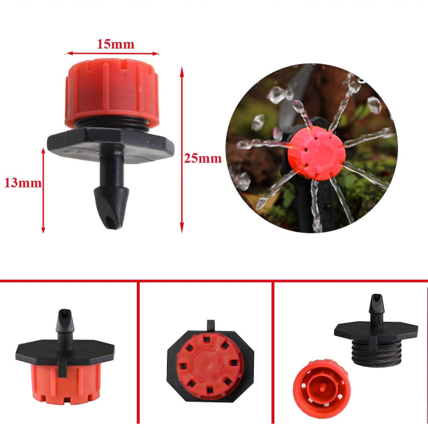 200 st 1/4 tum justerbar mikrodroppbevattningssystem Bevattningssprinkler Anti-Clogging Emitter Dripper för trädgård (röd)