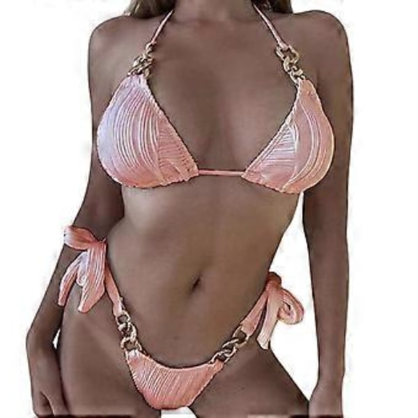 Dam Triangle Bikini Set Högt Skurna Knytsidor 2-delad Baddräkt String Halter Bikini Baddräkter Rosa M Pink M