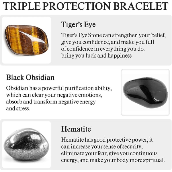 Trippelskyddsarmband, Tigers Eye - Black Obsidian och hematitpärlor 10 mm