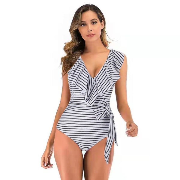 Kvinders V-hals Enkelt Stykke Bikini Ruffle Højtaljet Rygløs Tankini Elegant Badetøj Mave Kontrol Strand Badetøj S Sort Hvid