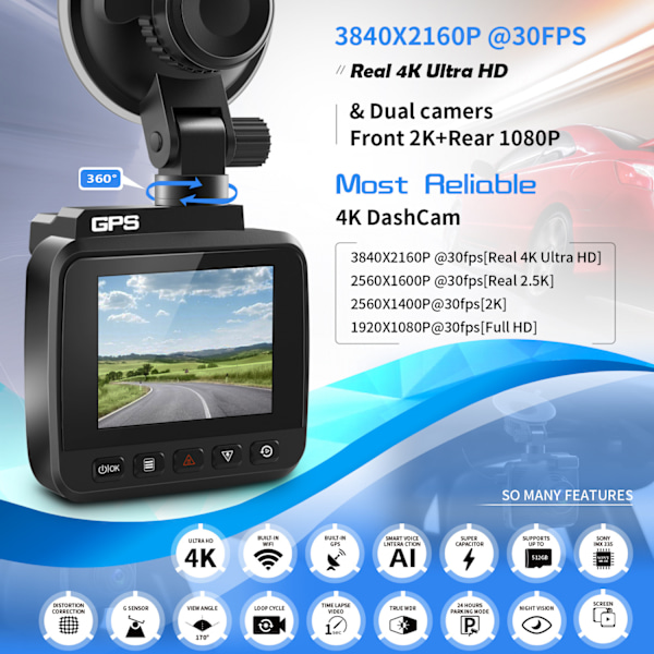 Dashcam (2K HD, wifi GPS WLAN (Wi-Fi)