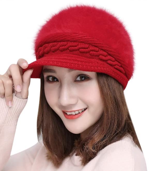 Kvinder Piger Peaked Beanie Hat Visor Beret Hat Vinter Termisk Baker Rød