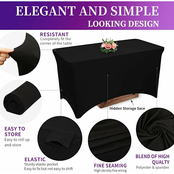 Svart polyesterduk rektangulær tilpasset duk 4ft stram duk rektangel spandex stretch duk bryllup bankettfest cocktailbar håndverksshow DJ duk, svart